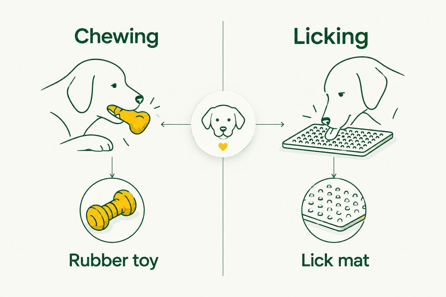 Comparison showing a rubber toy for chewing and a lick mat for licking