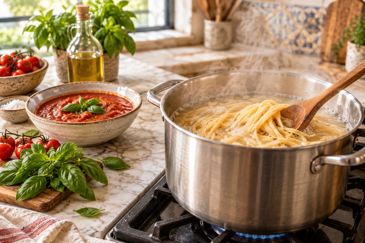 Pot of gluten-free pasta boiling next to a bowl of tomato sauce