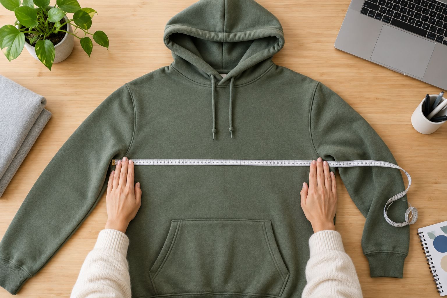 Flat hoodie with a measuring tape across the chest and hands smoothing the fabric