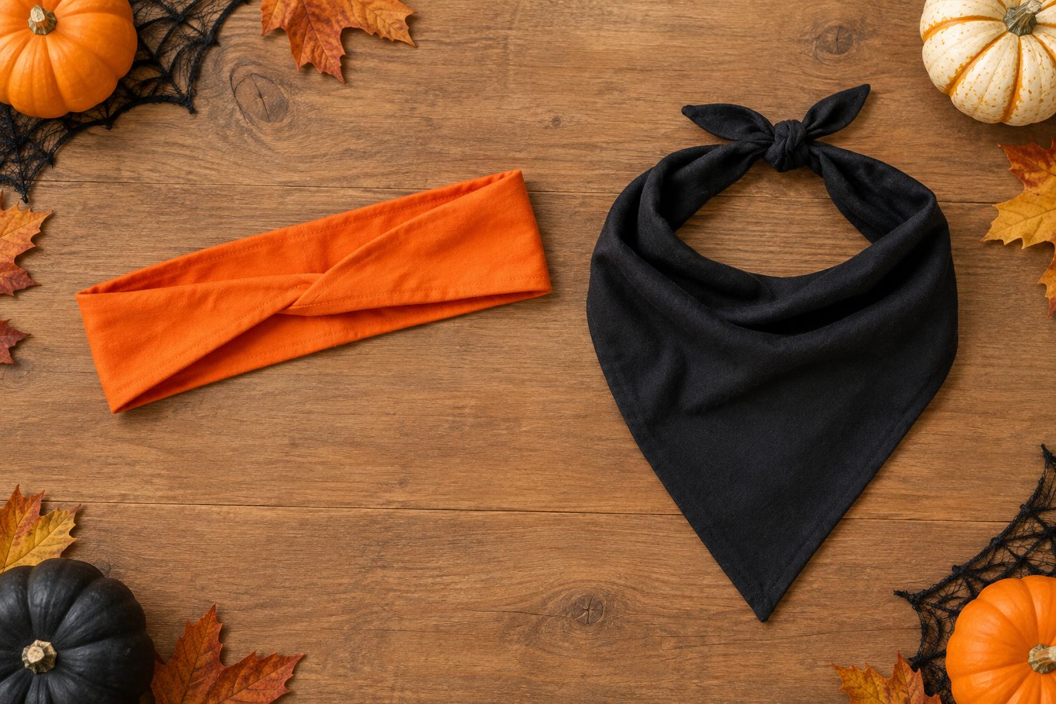 A narrow orange headband fold beside a triangular black neckerchief fold