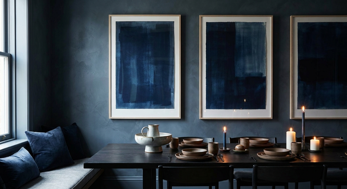 Navy and indigo wall art for moody dining rooms