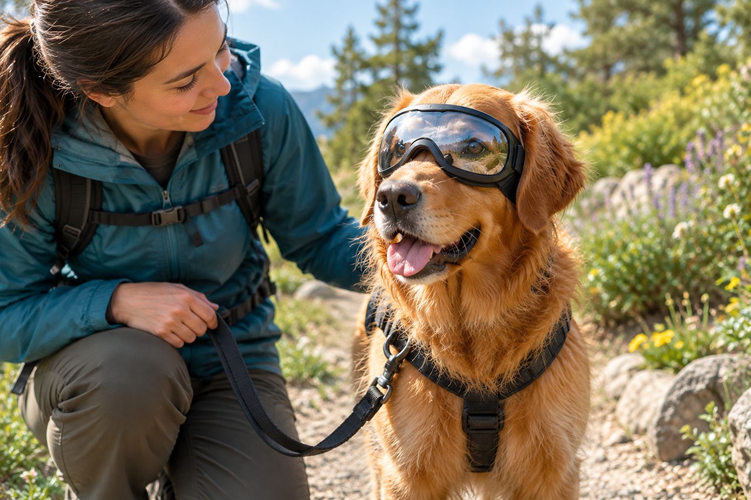 A dog practices wearing clear goggles on a flat garden path while its owner observes