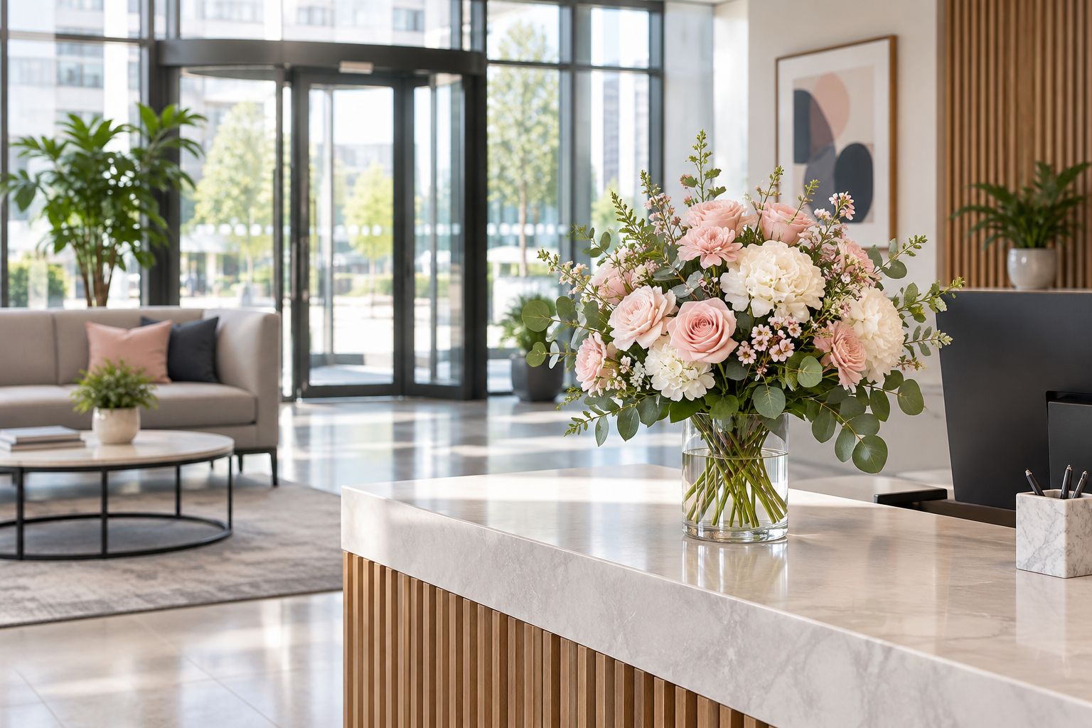Reception desk flower arrangement in a London office
