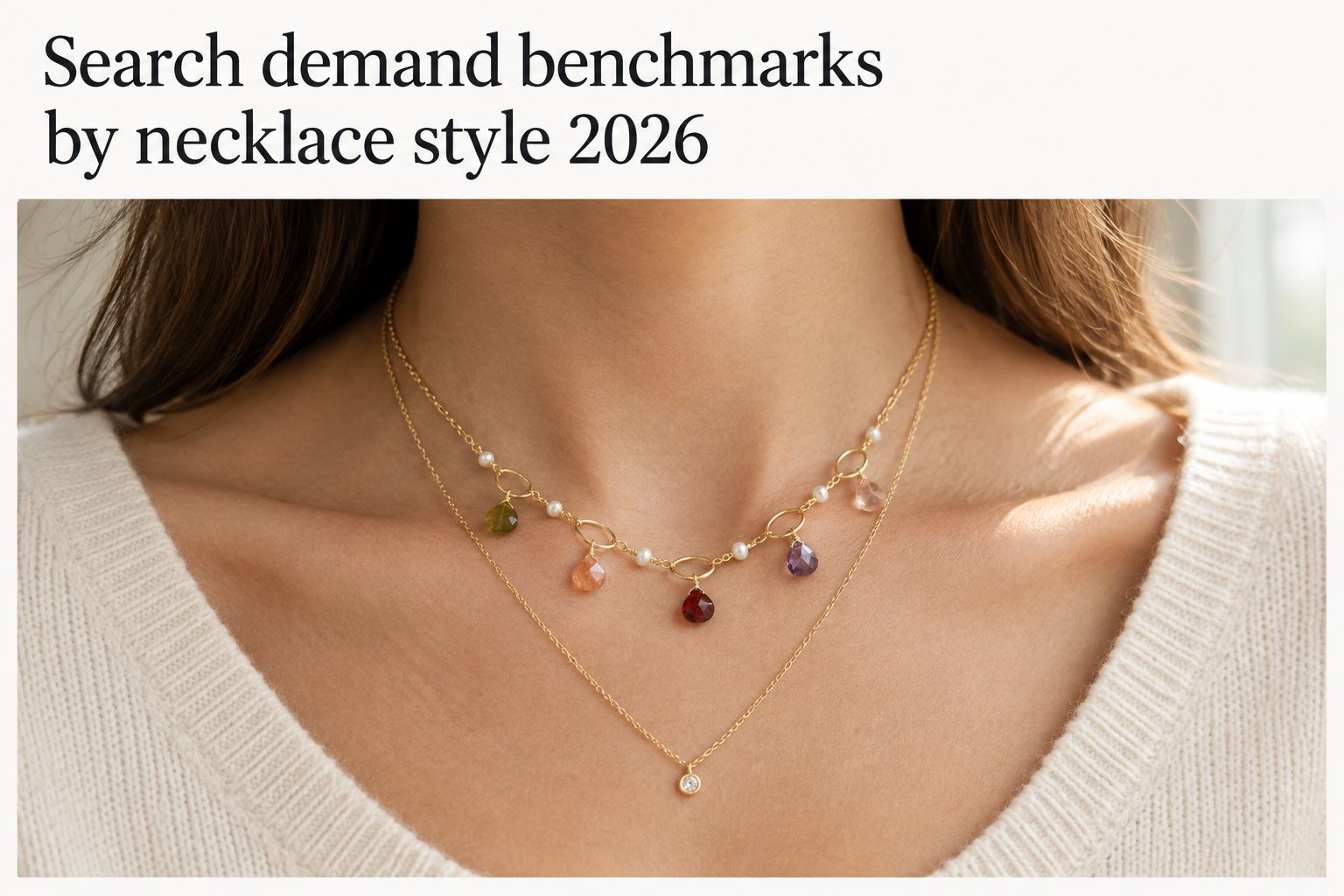 Delicate gemstone chain necklace worn layered above a longer gold chain