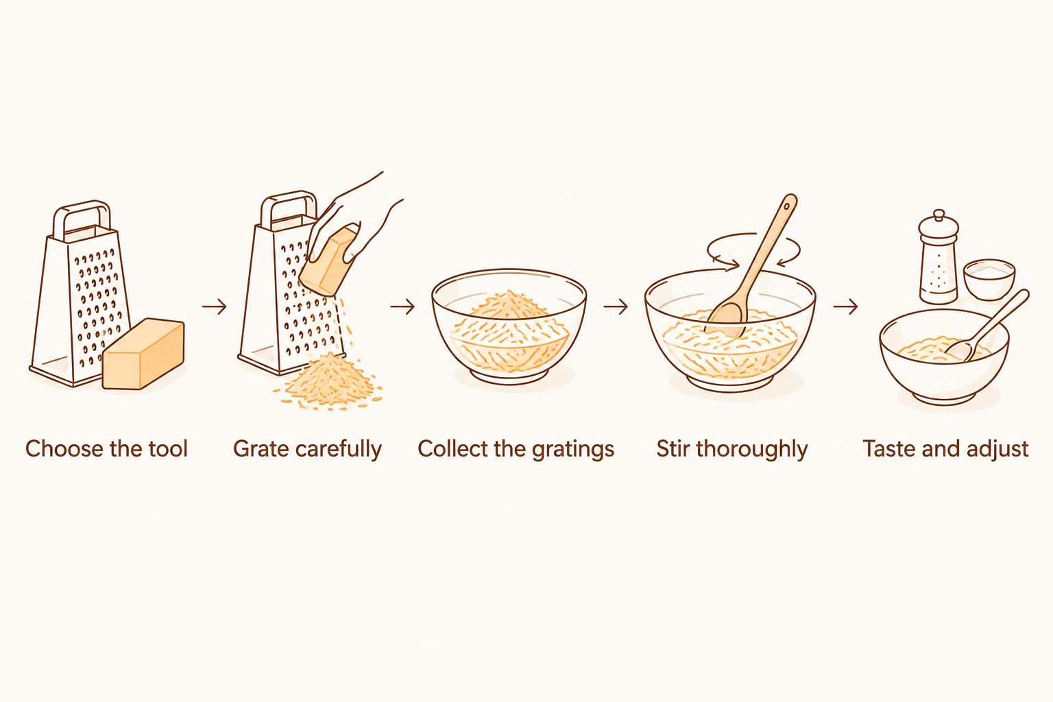 Five steps for grating whole nutmeg and distributing it evenly through a dish