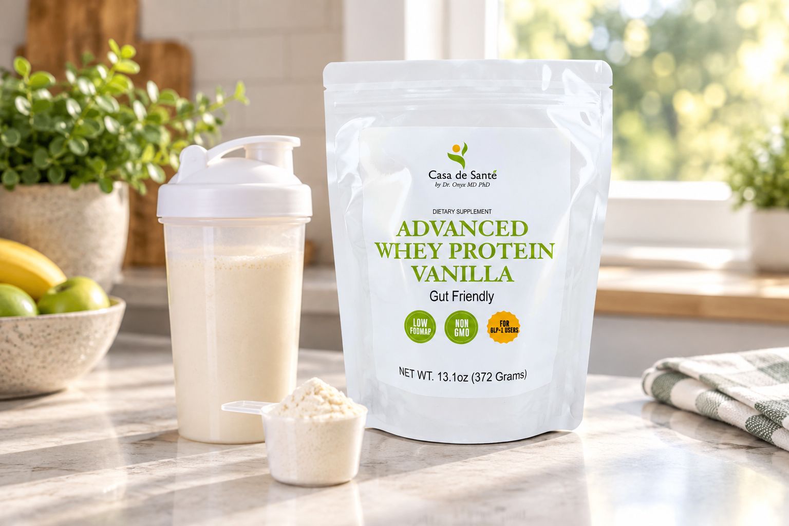 Elemental Whey WPI Protein Powder container beside a shaker bottle on a kitchen counter