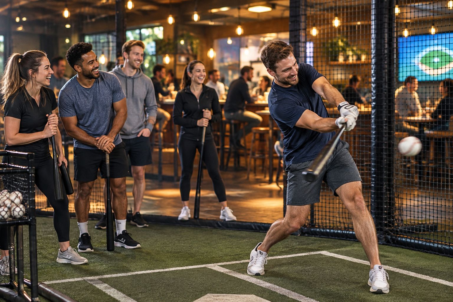 Group taking turns at an indoor batting cage during a social night