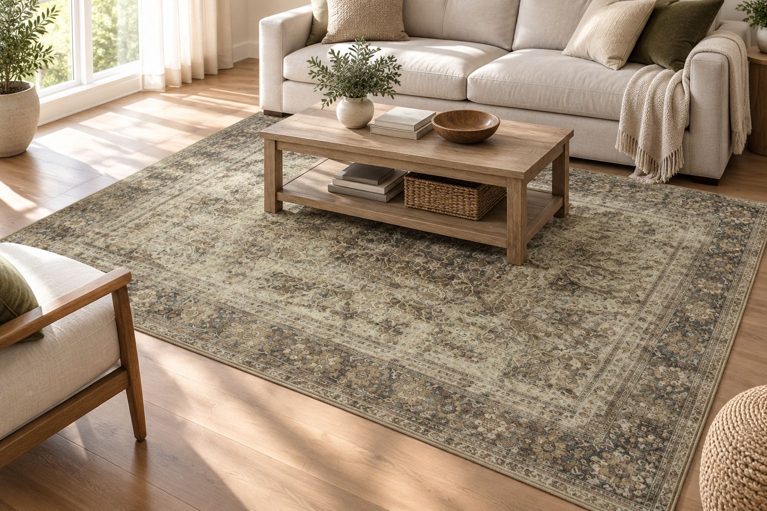 Neutral washable designer rug placed under a living room sofa