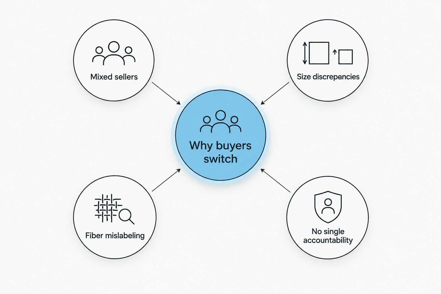 Diagram showing four reasons designer rug buyers switch away from marketplace listings