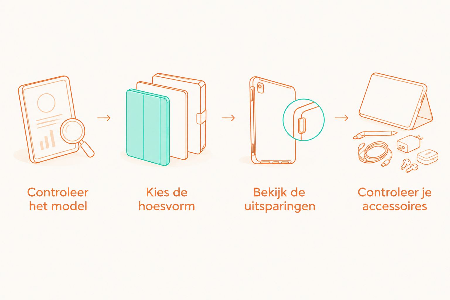 Stappen om model, hoesvorm, uitsparingen en accessoires te controleren