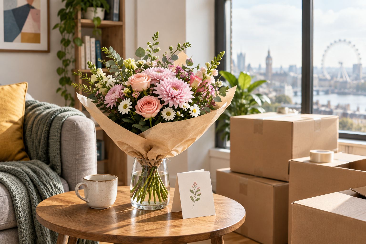 Farewell bouquet and card on a table beside packed moving boxes