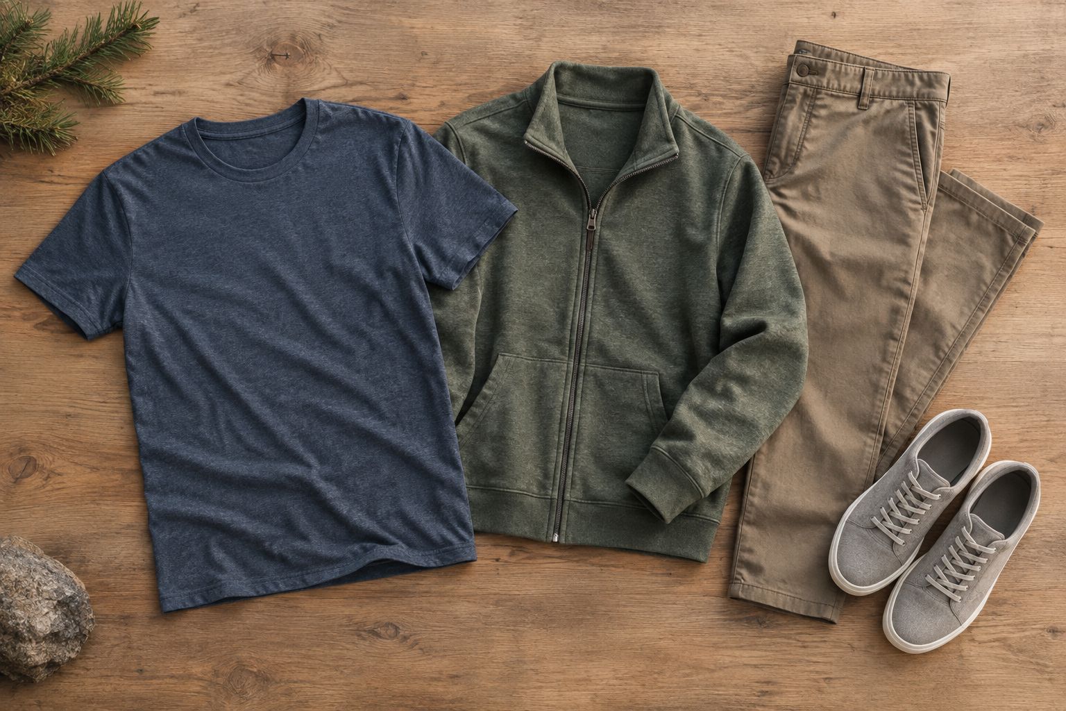 A plain tee, zip-front sweatshirt, pants, and sneakers arranged as everyday outfit building blocks.