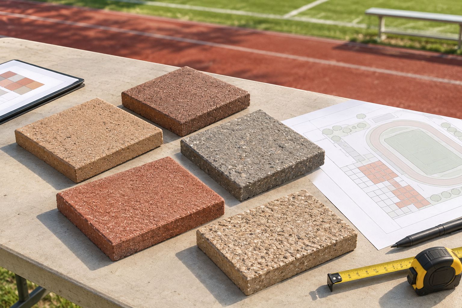 Paving samples with different surface textures beside a blank athletic facility plan
