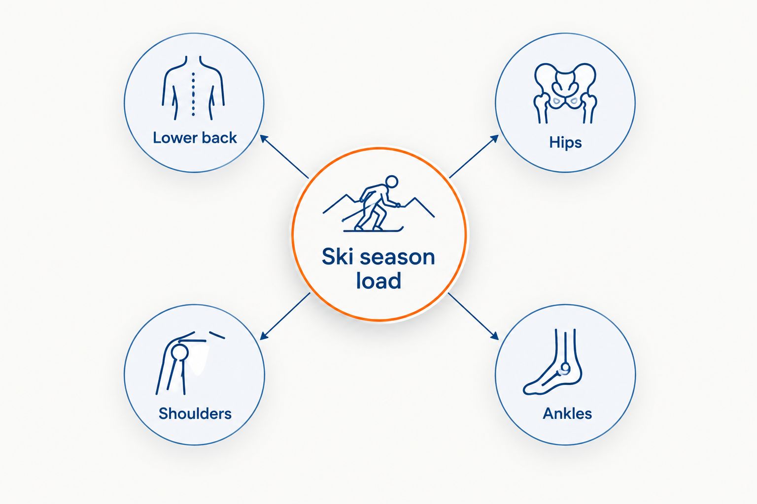 Diagram showing ski season load points distributed through the lower back, hips, shoulders and ankles