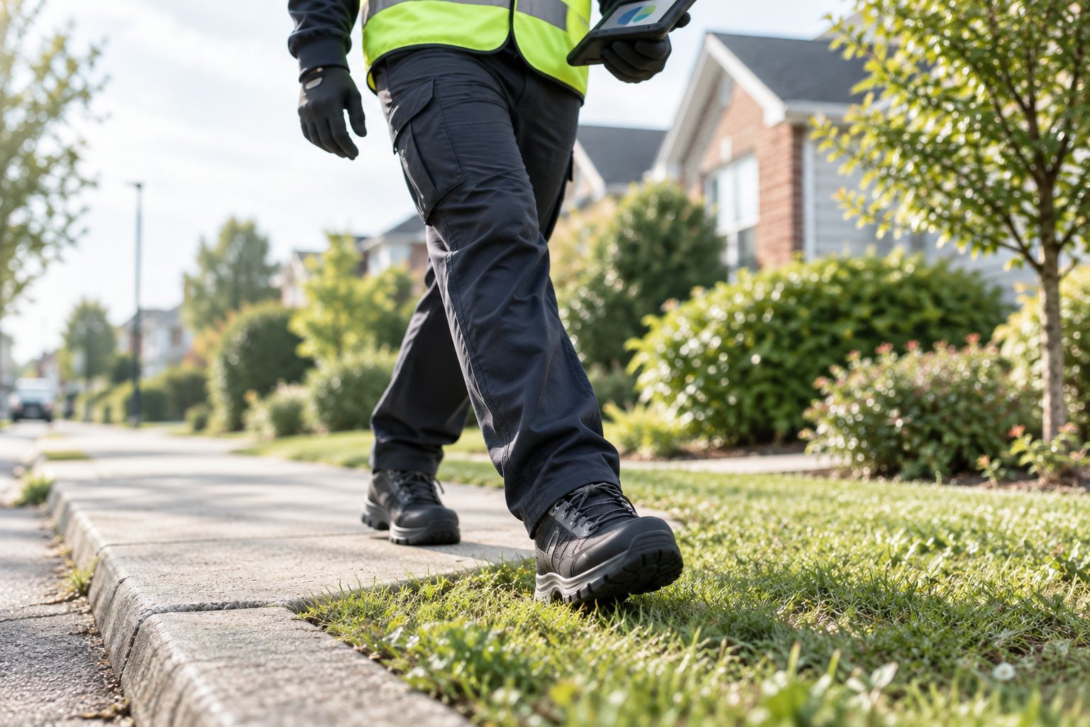 Utility worker stepping from pavement onto grass while wearing supportive work shoes