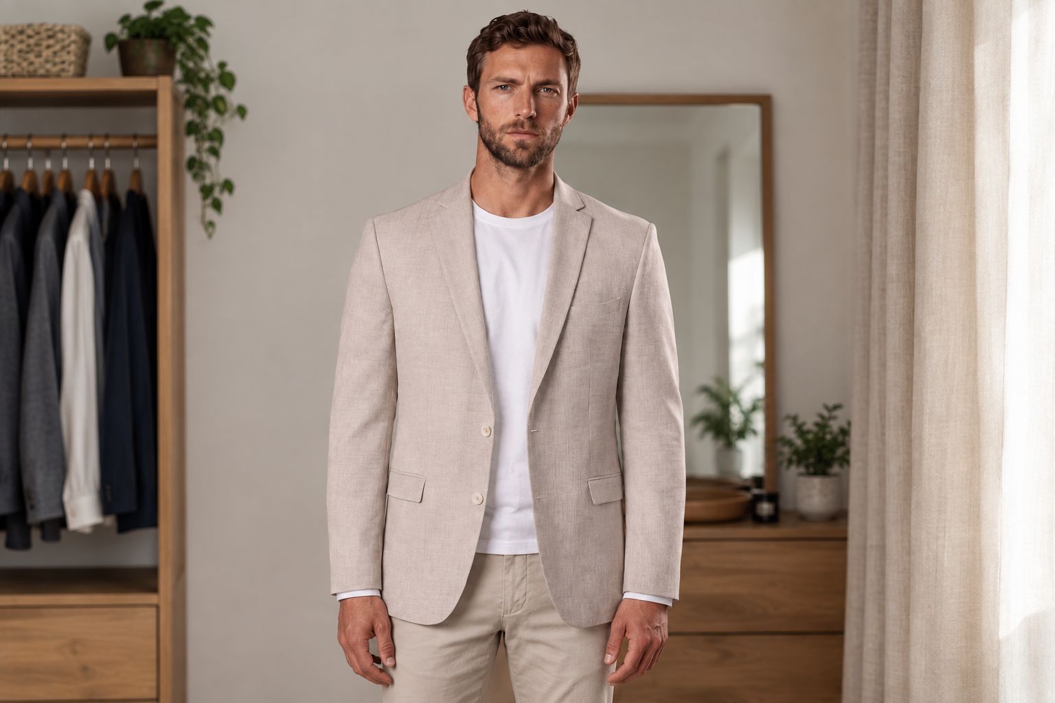 A blazer worn over a plain shirt, showing its front fit and how it sits with trousers.
