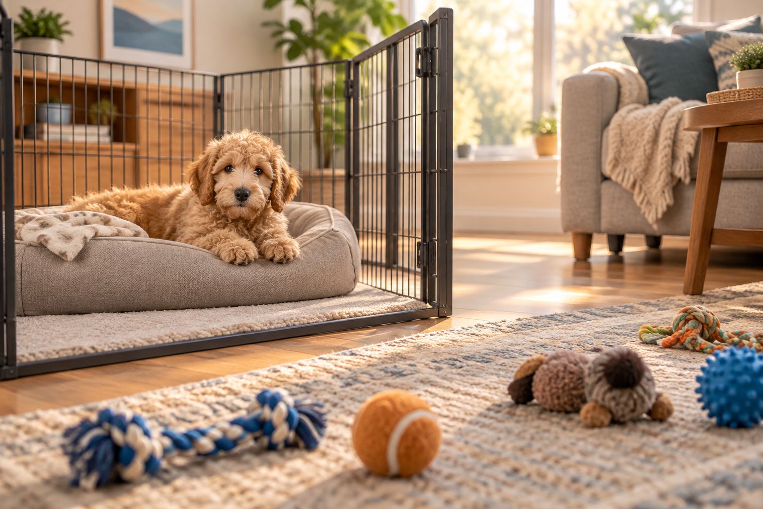 A puppy resting beside a secure pen with play space separate from the quiet area