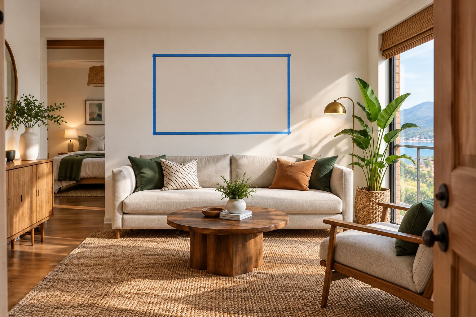 Painter's tape outlines an artwork placement above a vacation rental sofa