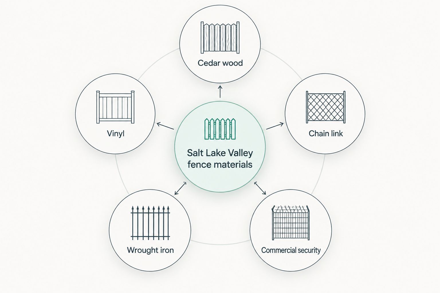 Diagram showing five fence material categories connected to a central hub