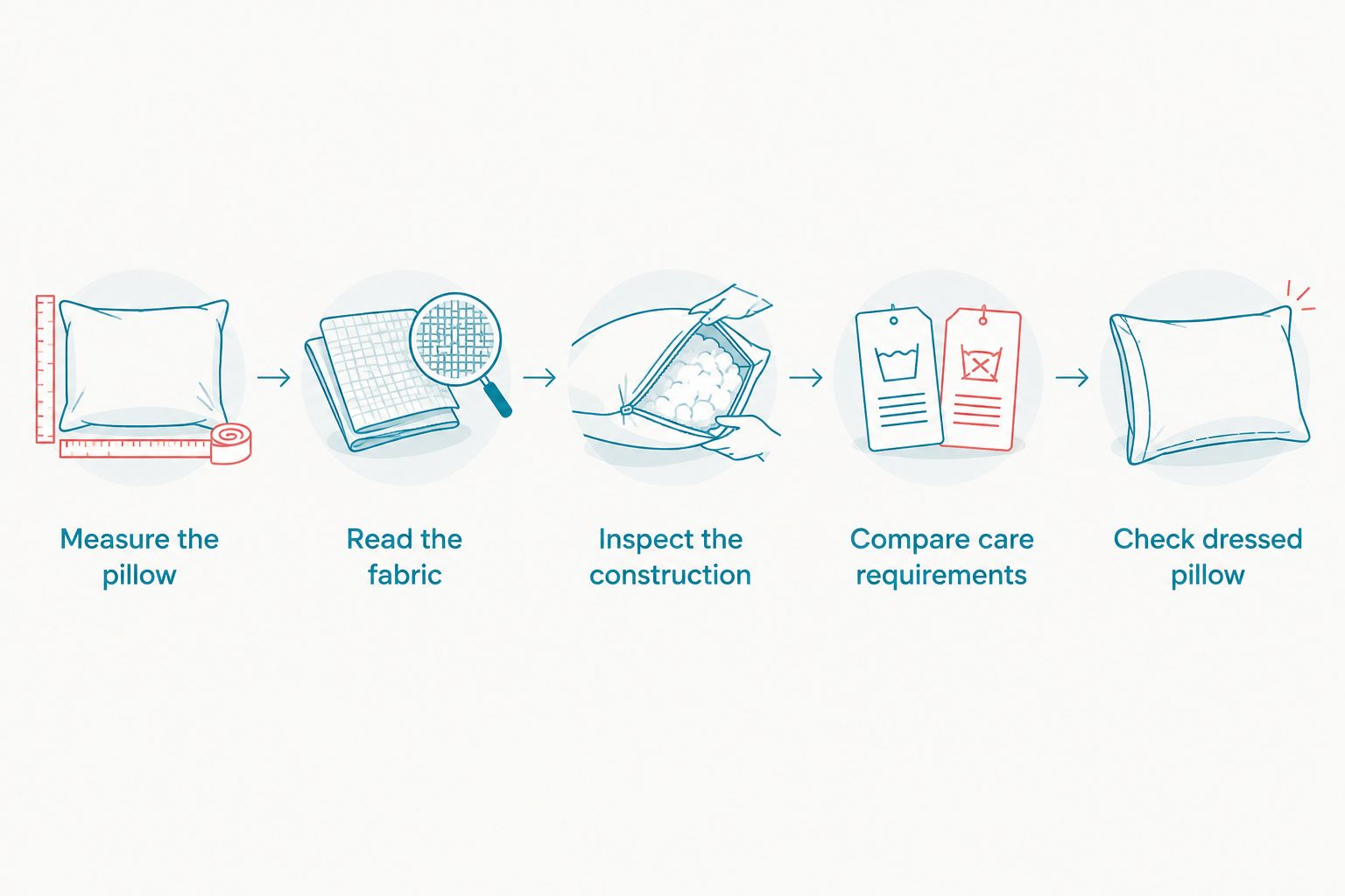 Five checks for choosing a cotton pillow protector, from measuring the pillow to assessing the finished fit.