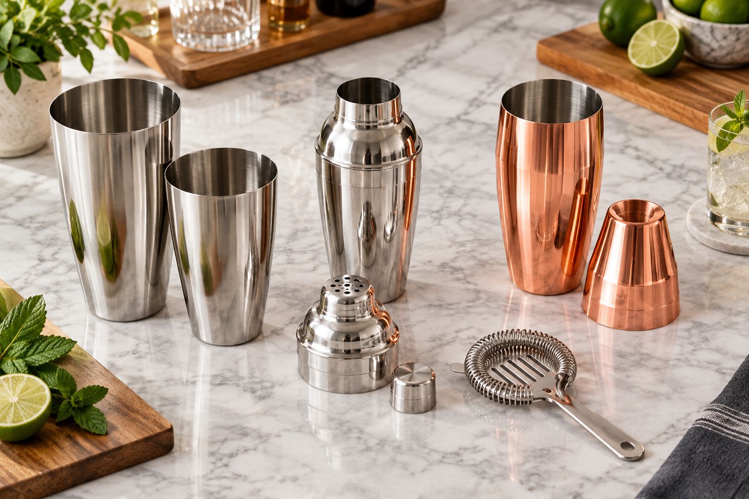 Boston, cobbler and Parisian shaker parts laid out with a separate cocktail strainer