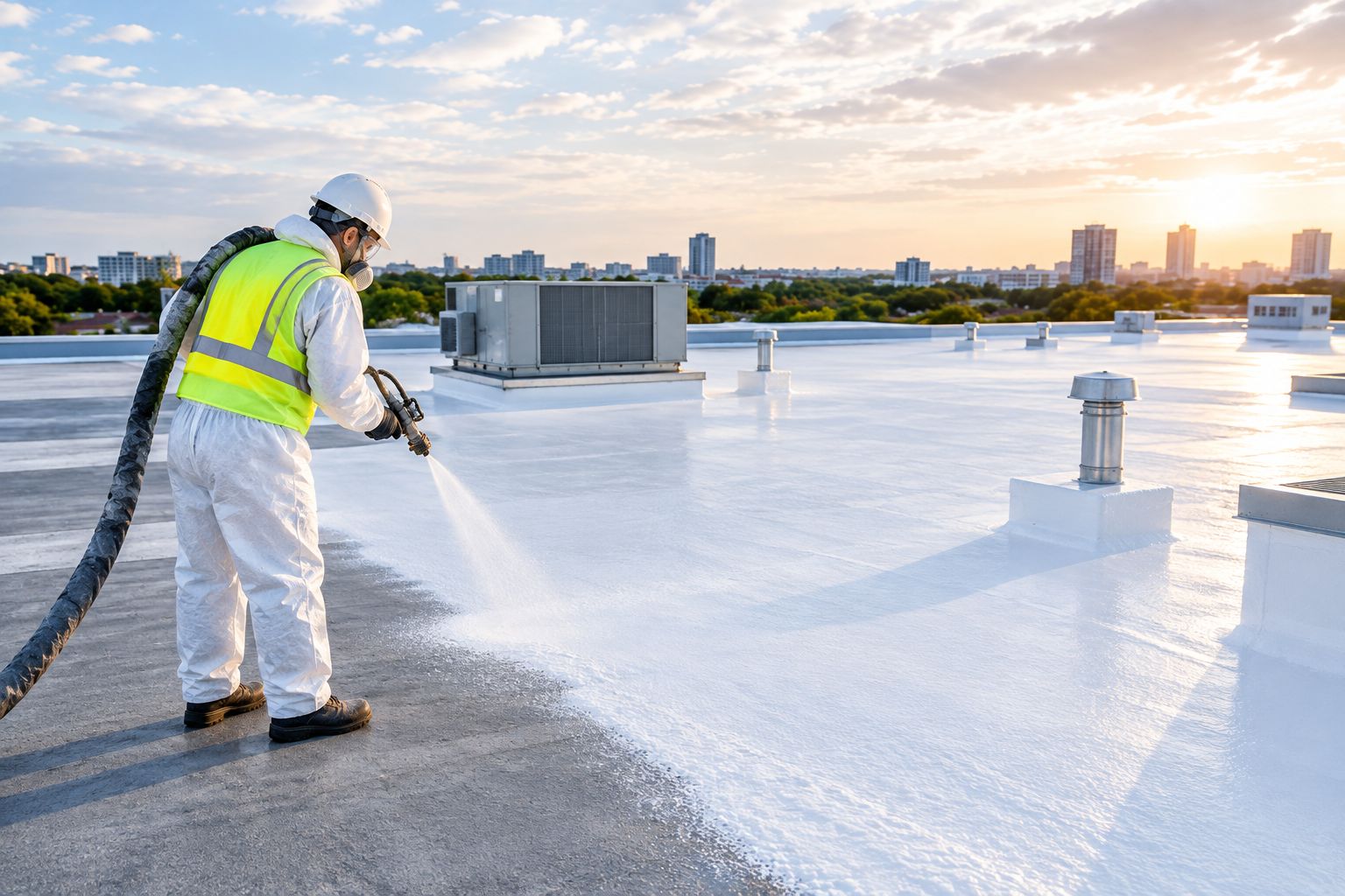 Spray polyurethane foam being applied to a commercial flat roof
