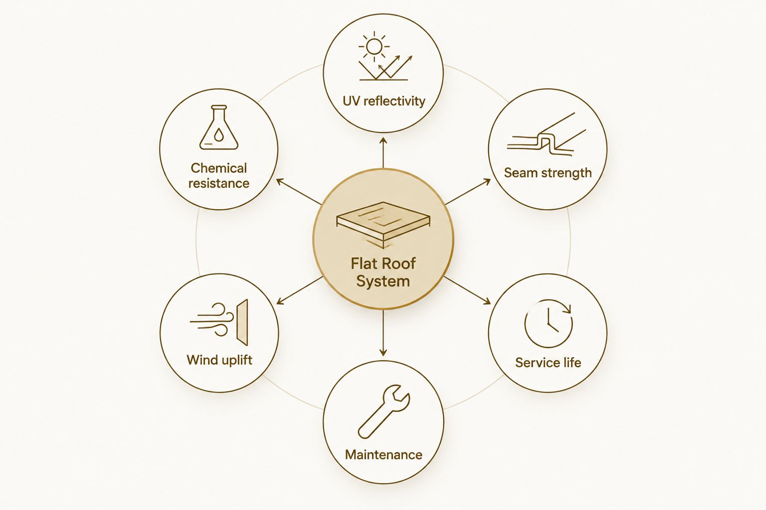 Diagram of six criteria used to evaluate commercial flat roof systems