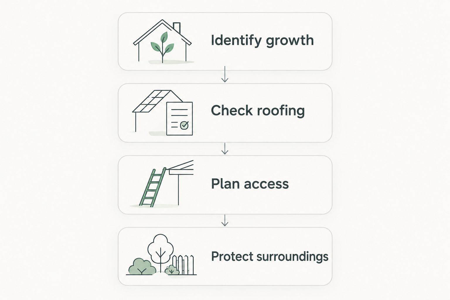 Four checks for choosing roof moss treatment: growth, roofing, access, and surrounding protection.