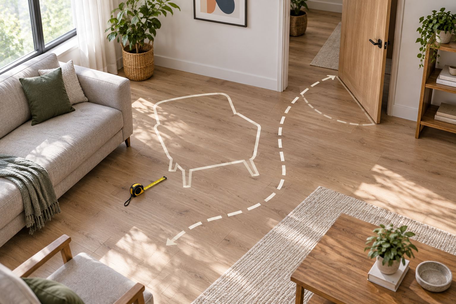 Taped chair footprint beside a sofa showing the doorway and walking route