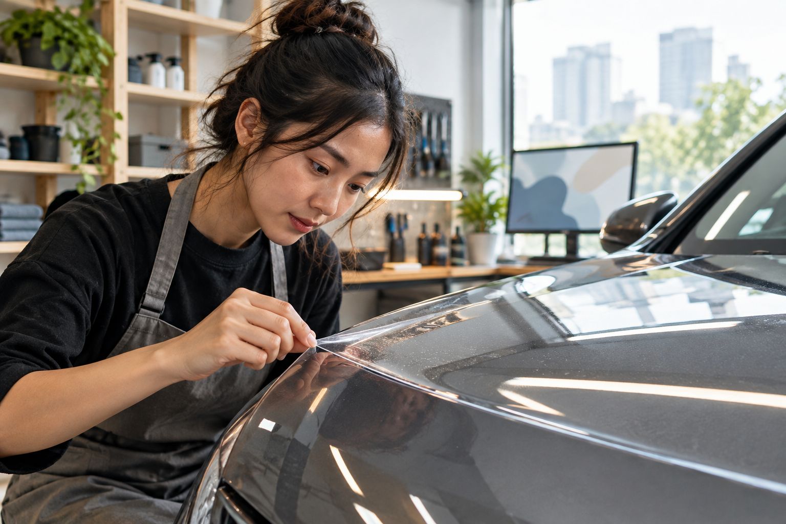 Next powered by EA Detailer Technician inspecting a clear protective film boundary on a car bonnet