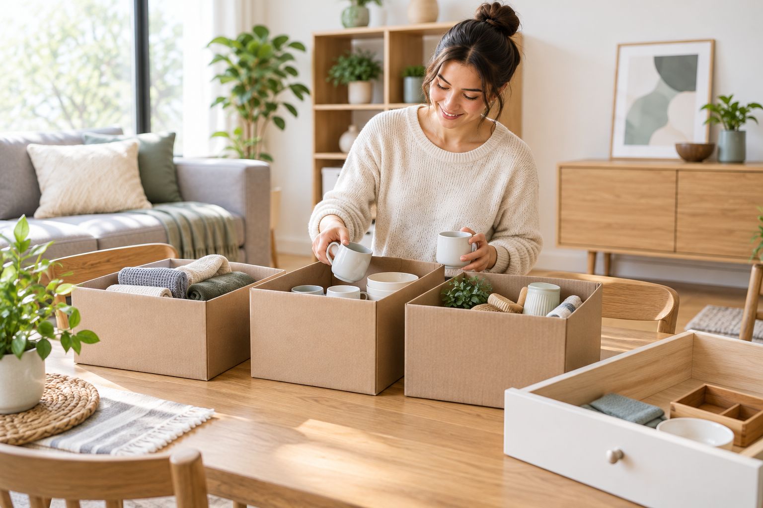 Reusable cardboard boxes separating household belongings beside a partially emptied drawer