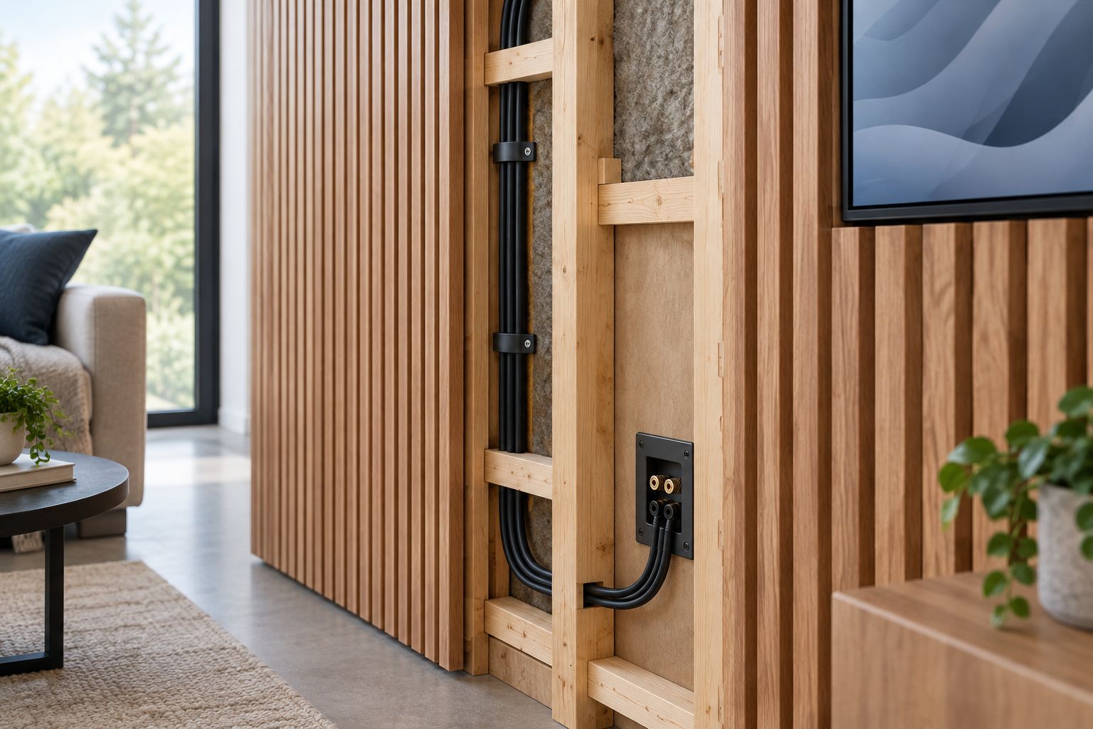 Wood-slat wall with an open section showing a separate speaker cable route and accessible connection plate