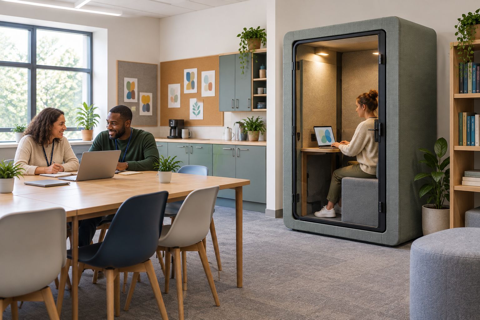 An enclosed work booth beside communal tables and seating in a staff room