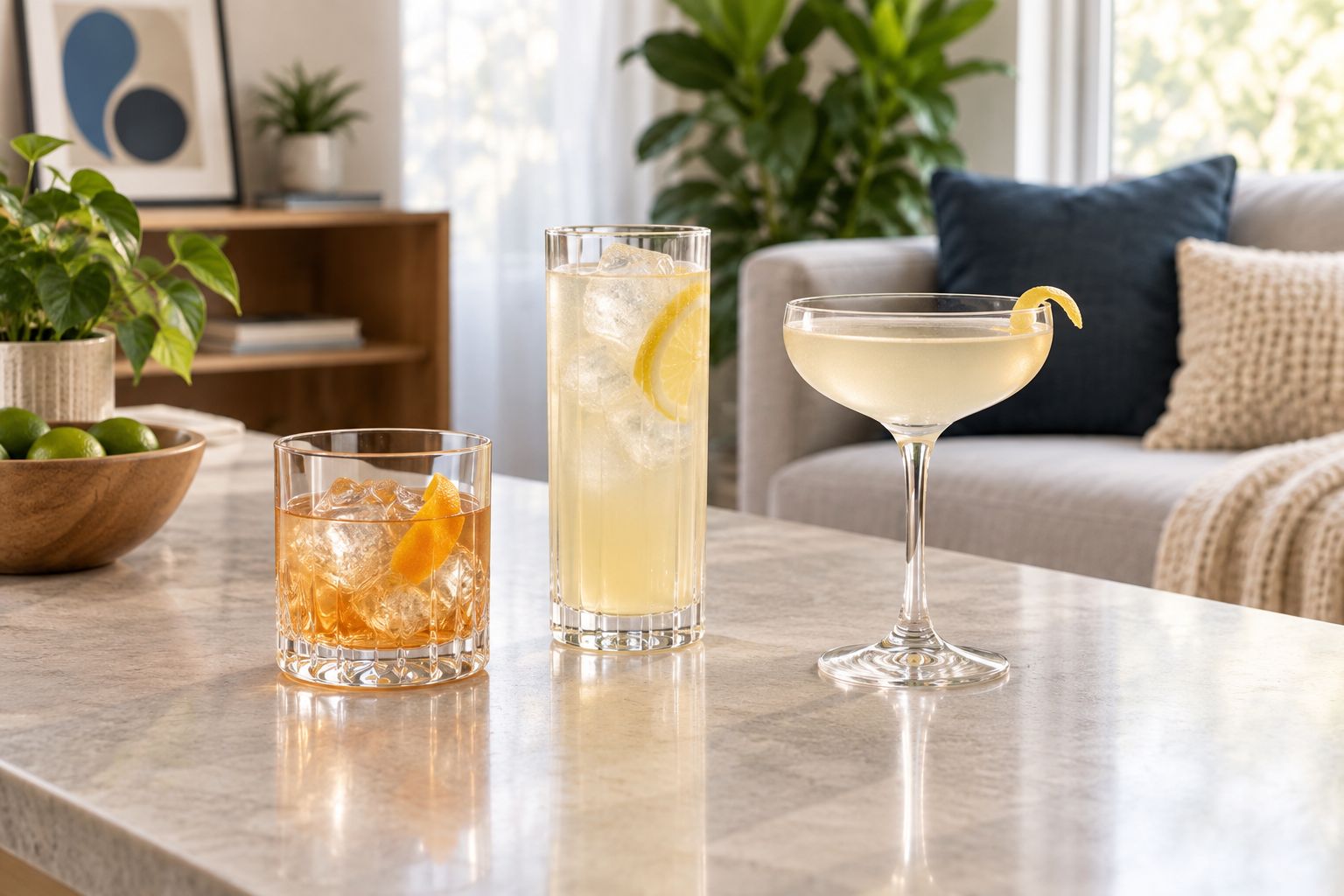 Rocks, highball, and coupe glasses showing different shapes and serving uses