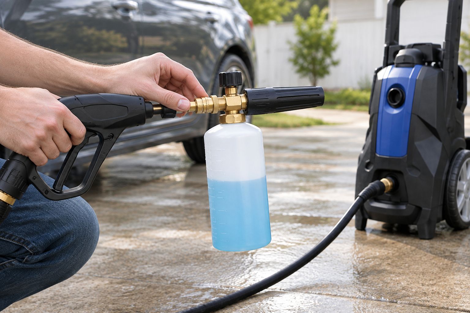 Checking the connection between a foam cannon and a pressure-washer spray gun