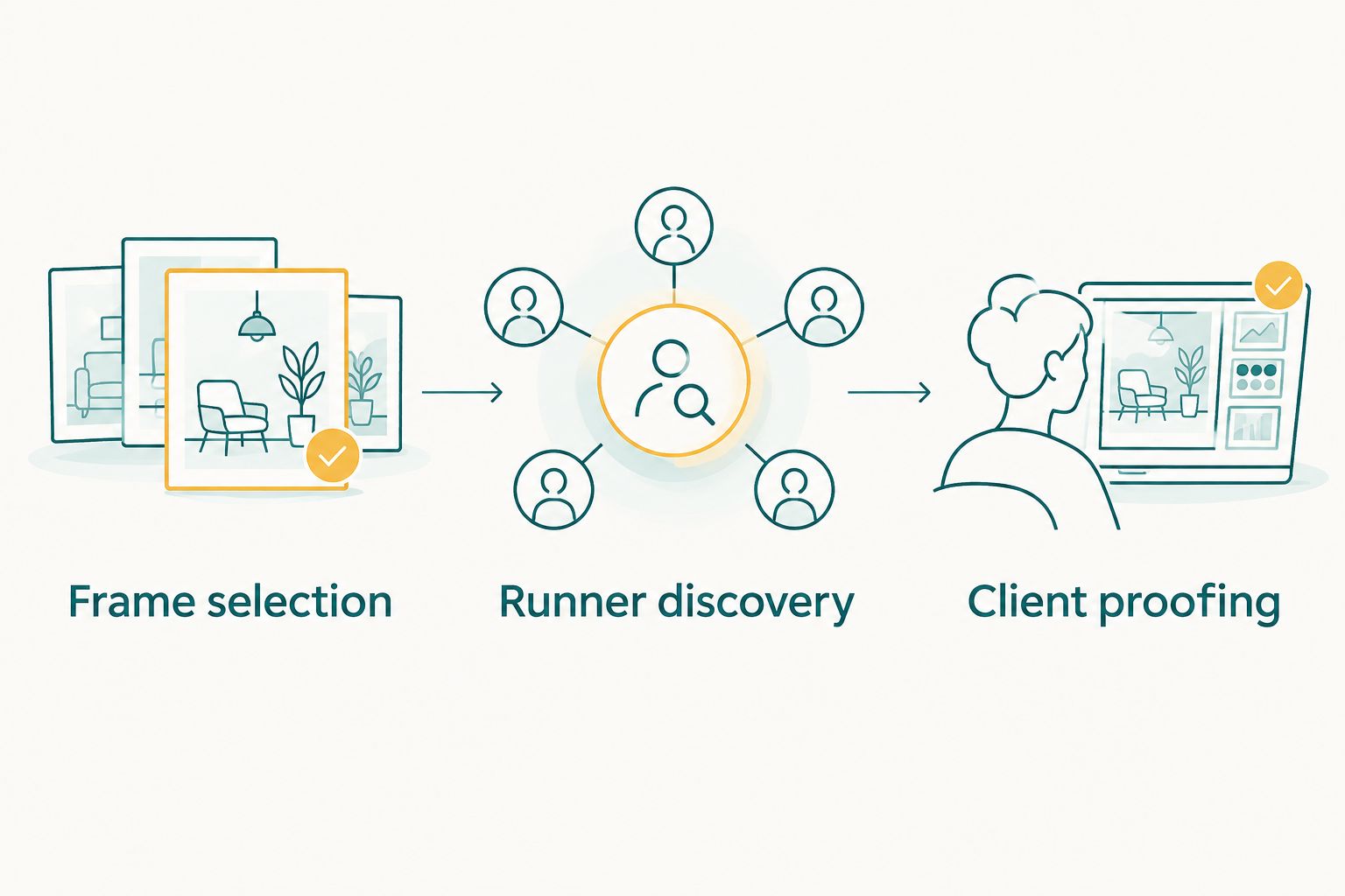 Three production stages: frame selection, runner discovery and client proofing