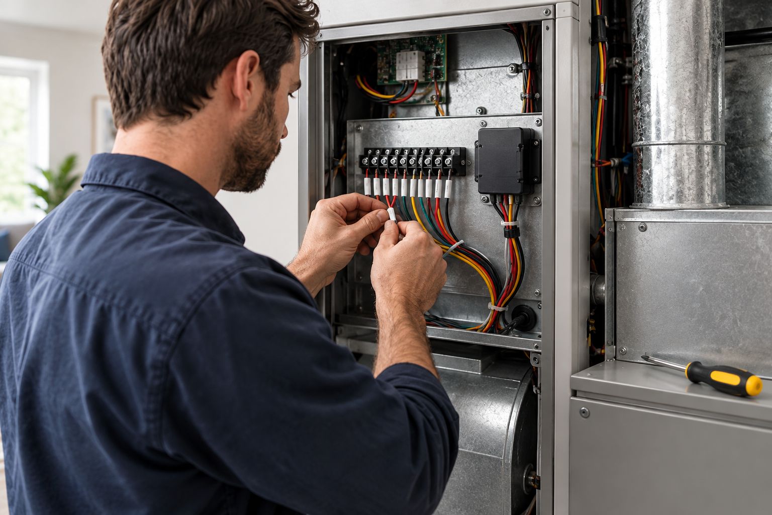 Furnace control compartment with thermostat wiring and a power extender module