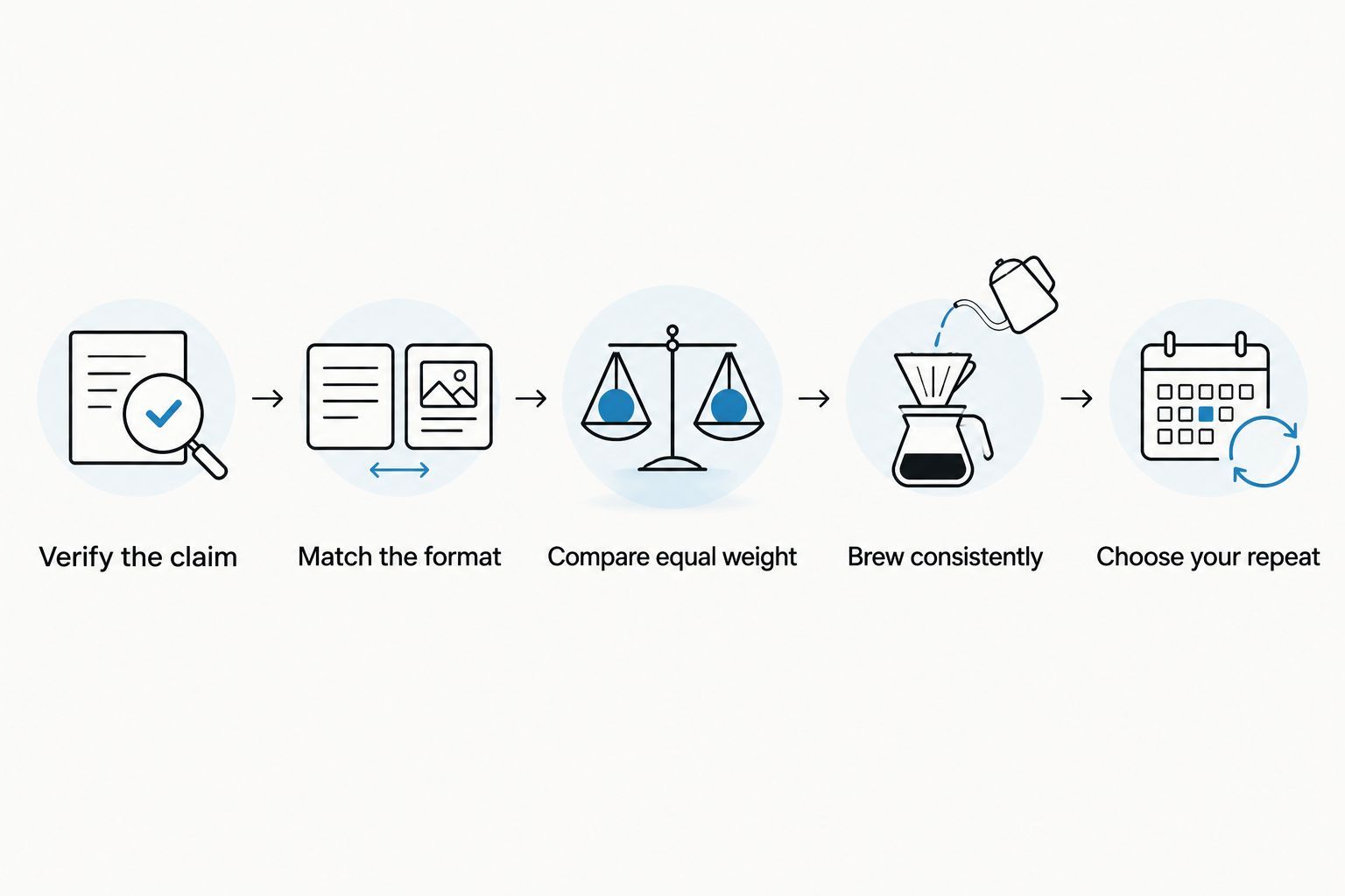 Five steps for comparing coffee sourcing, format, weight, brewing, and repeat-purchase value.