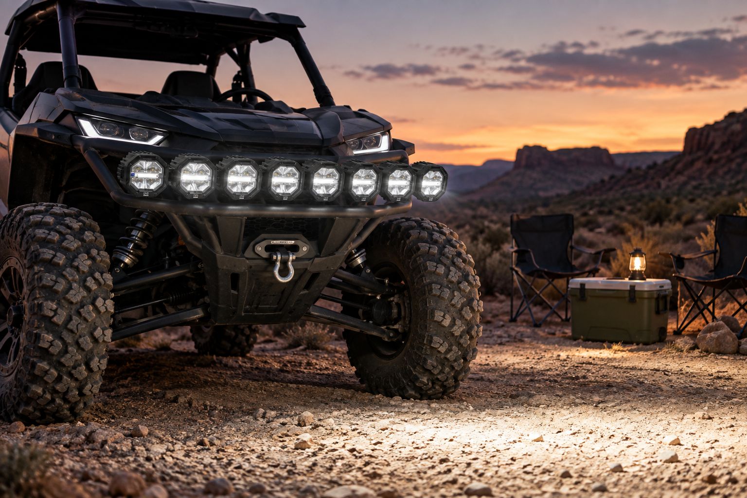 LED light pod mounted on a UTV bumper lighting a remote campsite at dusk