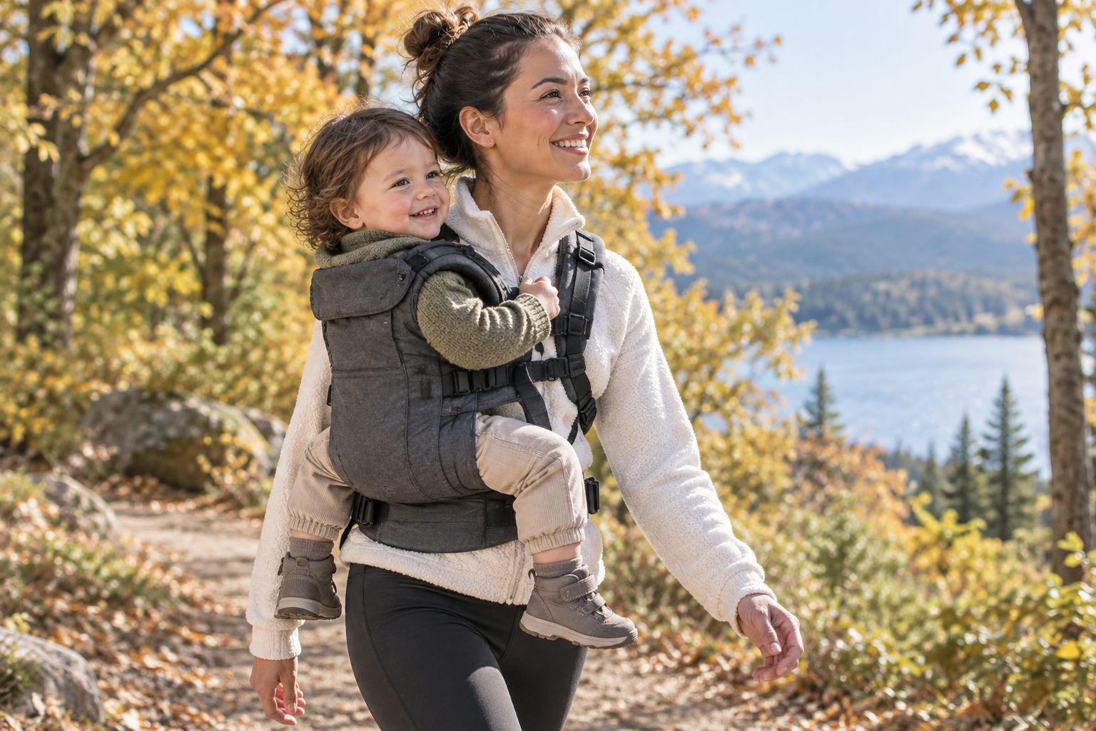 Parent carrying a toddler in a soft structured front carrier outdoors