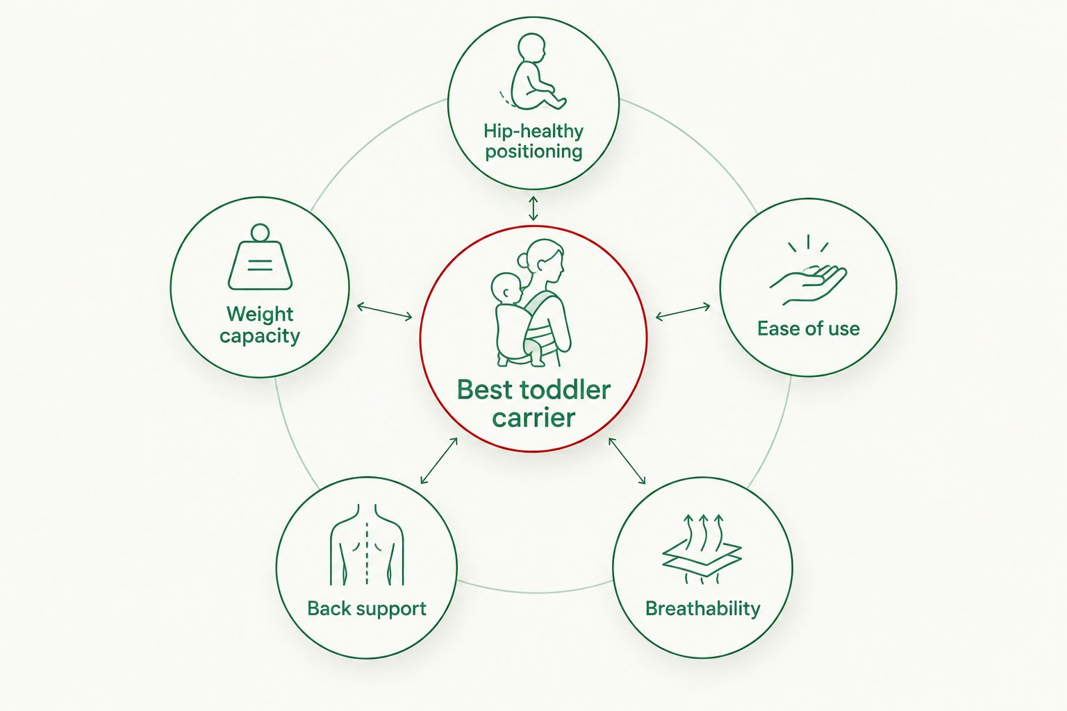 Diagram of five criteria for choosing a toddler baby carrier