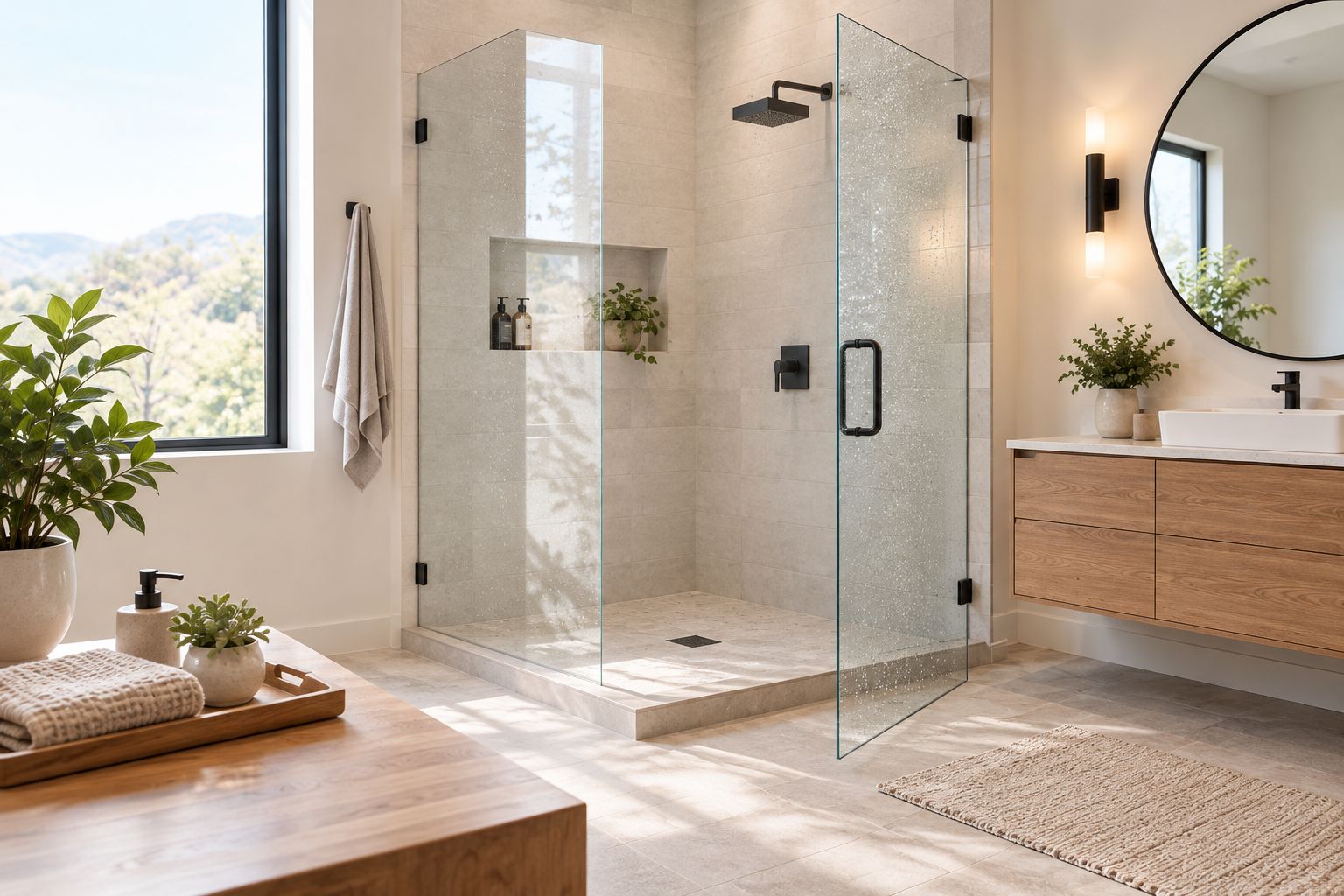 Frameless glass shower door in a modern tiled bathroom