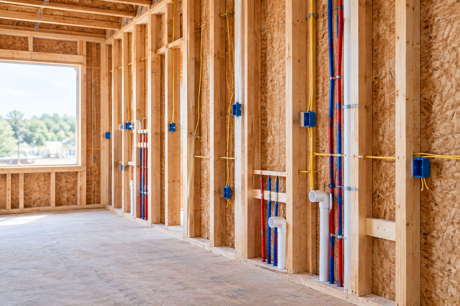 Unfinished framed wall with visible rough-ins and accessible cavities before insulation installation