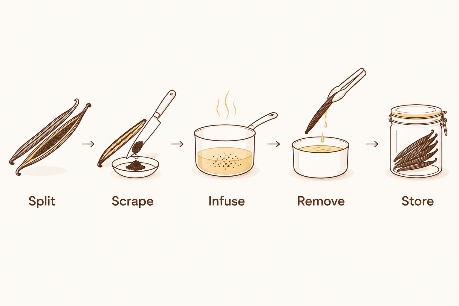 Five steps for preparing and storing vanilla beans: split, scrape, infuse, remove, and store.