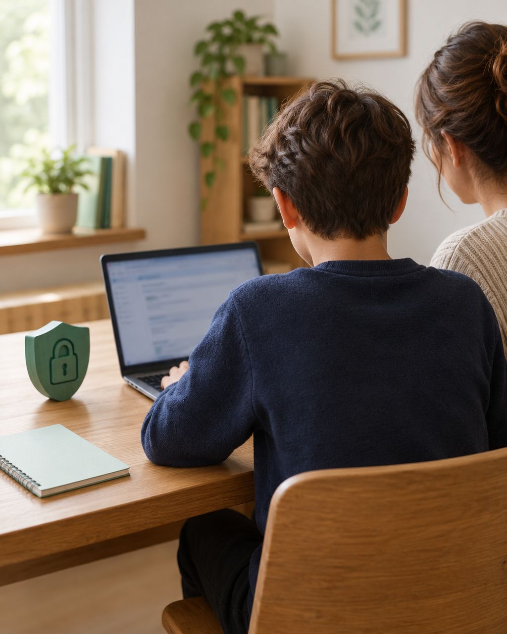 Student and parent using a laptop at home beside a green shield and lock symbol representing online learning safety