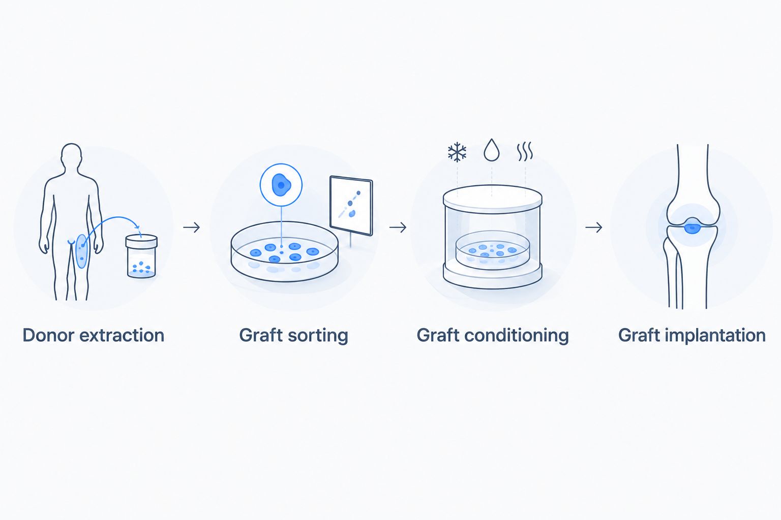 Four stages of the clinic-described transplant process, from donor extraction to graft implantation.