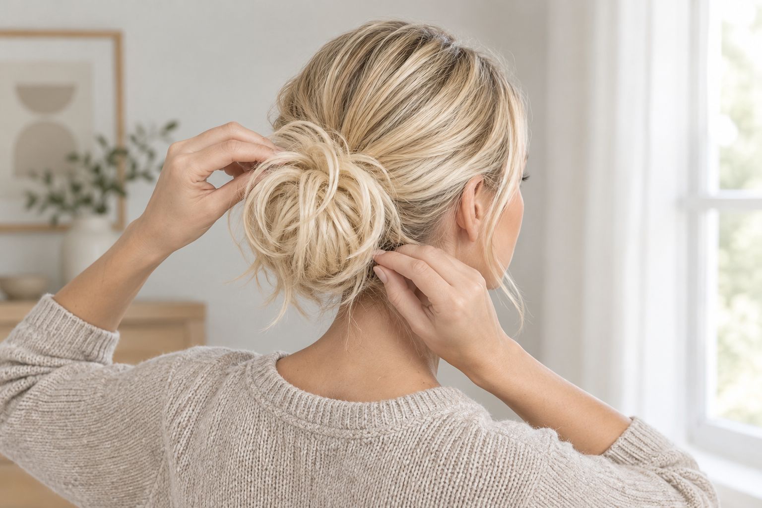 Woman arranging a blonde messy bun hairpiece around a low bun