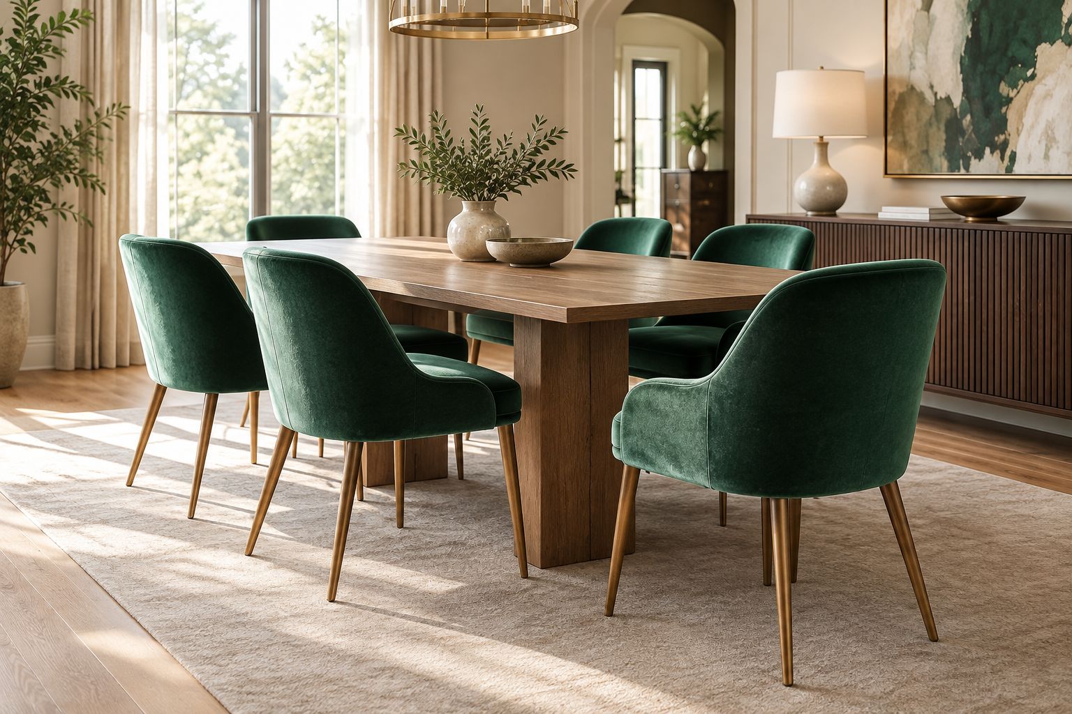 Deep green velvet dining chairs catching side daylight around a timber table