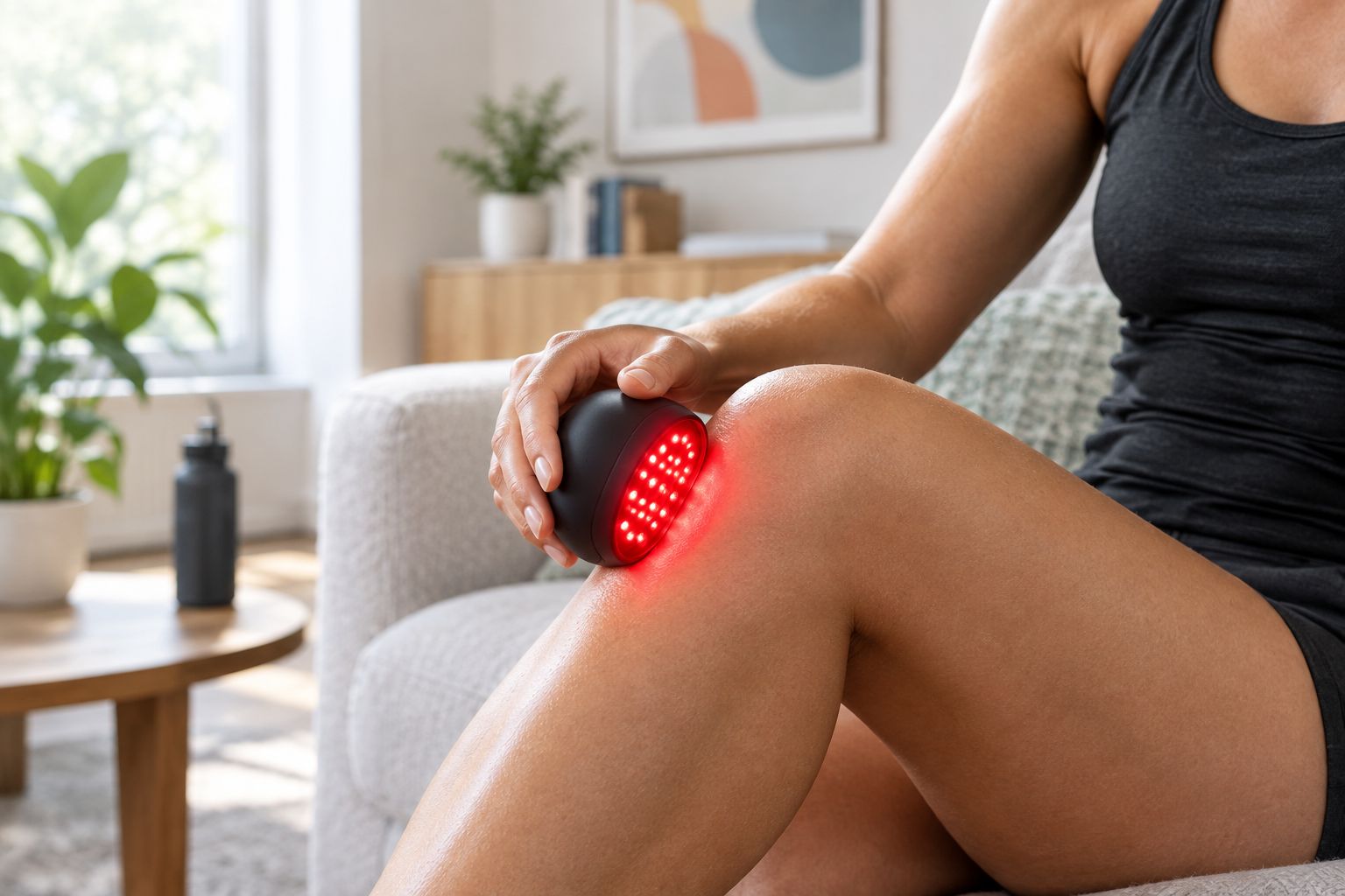Hand holding a small handheld LED device against a knee joint