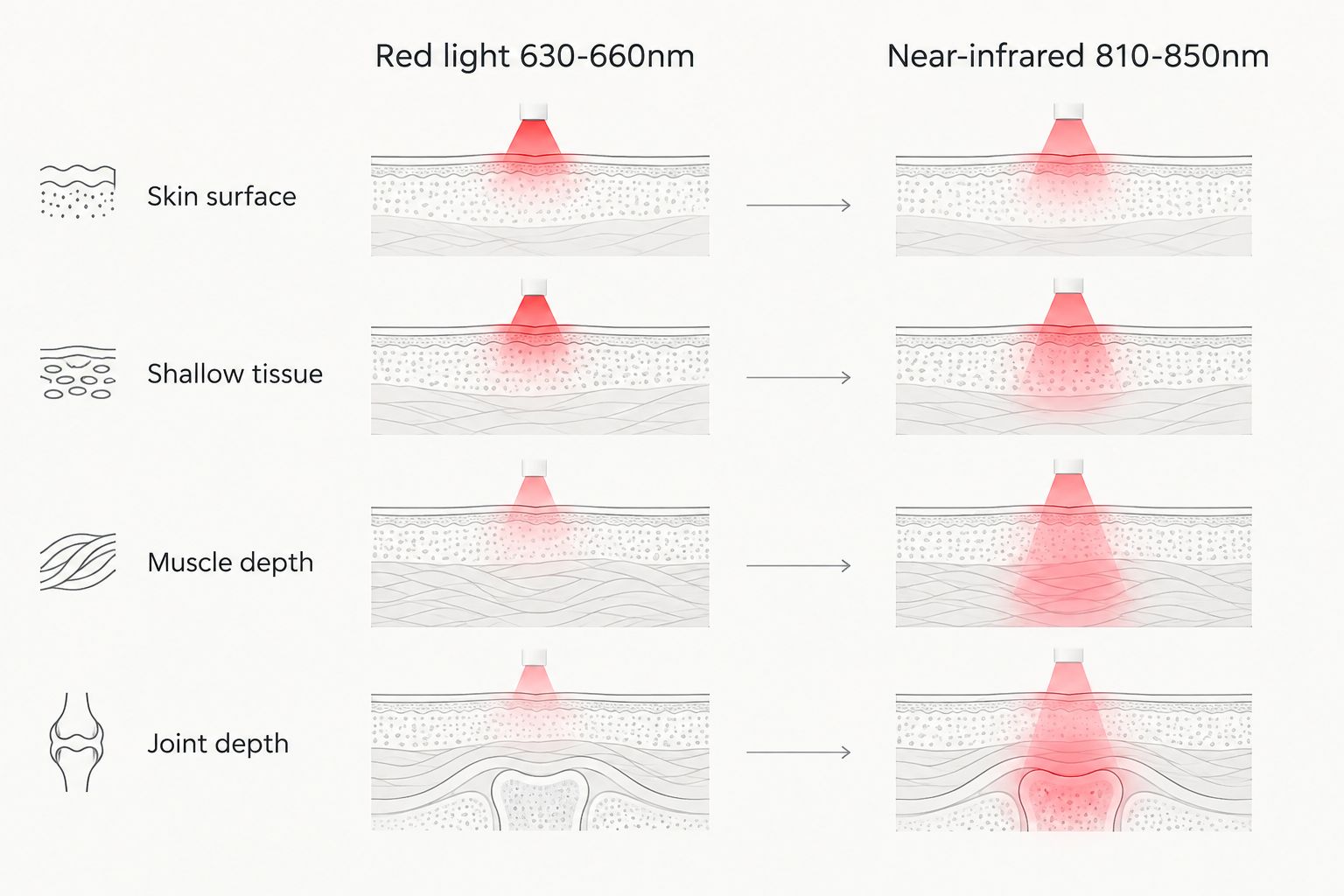 Comparison diagram of red light versus near-infrared wavelength depth